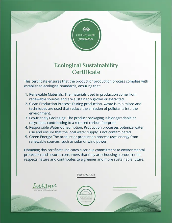 Certificate of Ecological Sustainability displayed