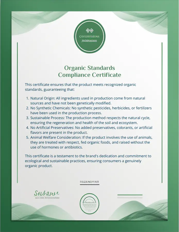 Certificate of Compliance with Organic Standards